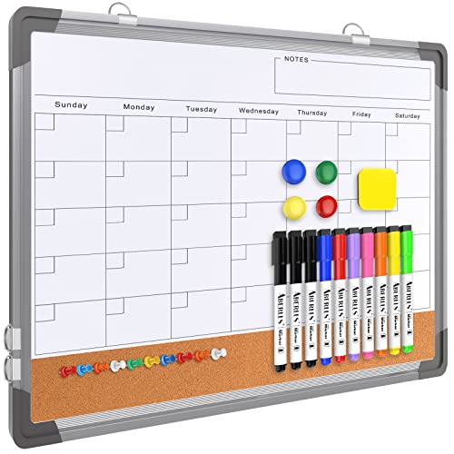 Monthly Calendar Whiteboard for Wall, 17x13 Inches Dry Erase Board with Cork Board Combo, Small Magnetic White Board, Double-Sided Hanging Portable Board for Office School Home Kitchen Planner Memo - style: Whiteboard 17x13 Silver