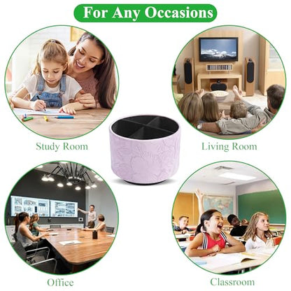 Round Leather Art Supply Organizer,Remote Control Holder,360 Degree Spinning,Multi-Functional Pencil Holder,4 Compartments Desktop Stationary Organizer(1-Carved Purple) - color: 1-Carved Purple