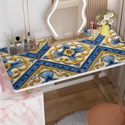 Vintage Blue Yellow Tile Pattern Desk Sticker, Mediterranean Floral Desktop Decor, Waterproof Table Surface Protector for Home Office, 39.37x23.62 Inch - color: Colorful221