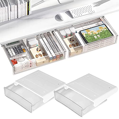 OSPNIEEK Self-adhesive Under Desk Drawer Organizer, 2 Pack Table Hidden Slide Out Large Storage Mounted Desktop Pencil Holder Tray Drawers for Office Home School Stationery Kitchen (Large, White) - color: Matte White, size: Large