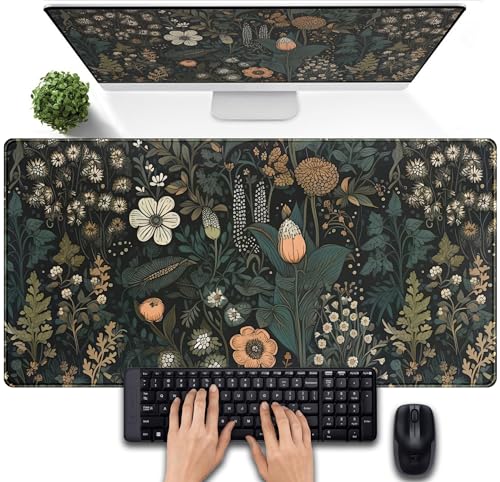 Dark Flower Desk Mat Floral Plants Mouse Pad, Aesthetic Wildflowers Large Gaming Mousepad Desk Pad, XXL Keyboard Mouse Mat Full Desktop Mat Women Office Desk Accessories Cover Mat 31.5"x15.75" - color: Dark Black Brown Flowers