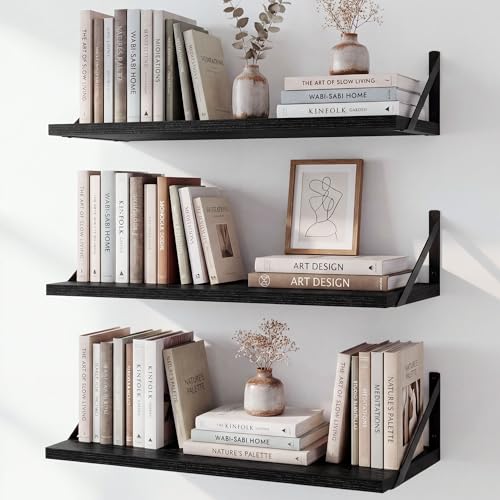 Fun Memories Floating Bookshelves, Set of 3 Wall-Mounted Wood Shelves 24" W x 8" D, Decorative Wall Shelf for Living Room, Bedroom, Bathroom, and Laundry Room (Black) - color: Black, size: 24"W x 8"D