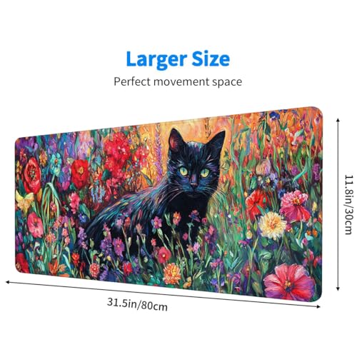 Black Cat Desk Mat Vibrant Wildflower Garden Colorful Fantasy Art XL Mouse Pad Large Mousepad Extended Laptop Keyboard Mat Gaming Desk Pad Mouse Mat 31.5x11.8 Inch - color: Black Cat