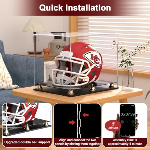 Football Helmet Display Case Full Size, Clear Acrylic Helmet Display Box Dustproof Helmet Case Display Case with Metal Bell Base for Sports Memorabilia (15 x 11.8 x 12.6 in) - size: 15 x 11.8 x 12.6 inch