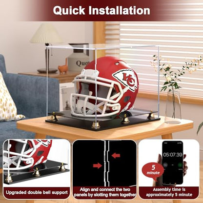 Football Helmet Display Case Full Size, Clear Acrylic Helmet Display Box Dustproof Helmet Case Display Case with Metal Bell Base for Sports Memorabilia (15 x 11.8 x 12.6 in) - size: 15 x 11.8 x 12.6 inch