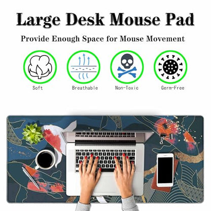 Japanese Fish Mouse Pad Abstract Oriental Japanese Asian Keyboard Mat Large Gaming Mousepad for Desk,Office,Bed 35.4"X15.7" - color: koi fish