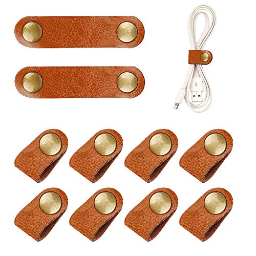 10 Pcs Cord Organizer, Stocking Stuffers for Men Portable Earphone Cord Holder Winder Keeper, Leather Cable Cord USB Straps, Leather Handmade (Light Brown) - color: Light Brown