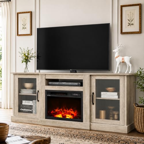 WLIVE Fireplace TV Stand for 65" TV, Entertainment Center with 18 Inch Electric Fireplace, TV Console with Open Shelves for Living Room and Bedroom, Greige - color: Greige, size: 58'' Fireplace TV Stand