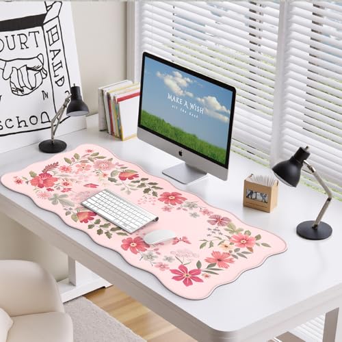 HAOCOO Desk Pad Mat, Pink Scalloped Desk Pad, Computer Desk Mat, Non-Slip Desk Pad for Keyboard and Mouse, Large Desk Mouse Pad with Egde Stitched, Waterproof Floral Keyboard Mat for Office (Hot Pink) - color: Hot Pink Wave