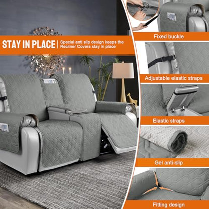 VANSOFY Loveseat Recliner Cover with Console 100% Waterproof Sofa Slipcovers Non-Slip Reclining Couch Cover Split Sofa Covers Furniture Protector for Pets, Dogs(Gray) - color: Grey