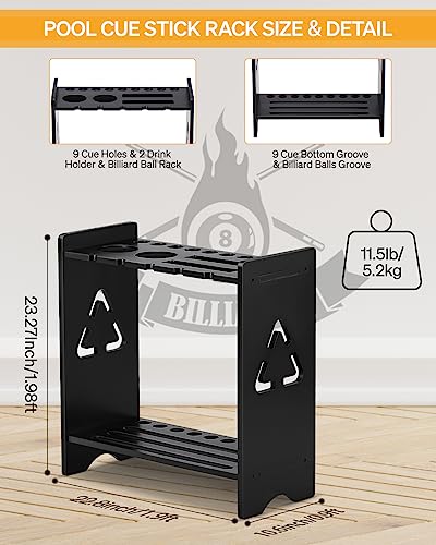 EXTCCT Pool Cue Stick Holder - Floor Stand Billiards Rack Oak Solid Wooden Holds 9 Cues and Pool Table Accessories Organizer - color: Cup Slots - Black