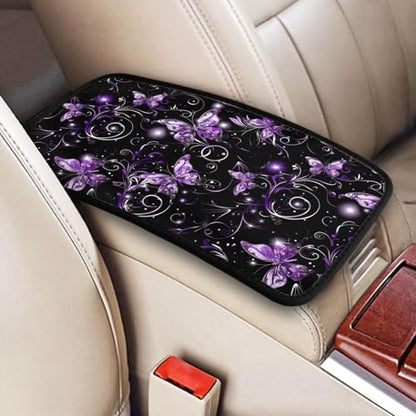 Car Center Console Cover Purple Butterfly Polyester Fabric Auto Armrest Cover Boho Flower Butterflies Cute Hippie Scratch Resistant Wear-Resistant Universal Car Armrest Storage Box Pad - color: Butterfly