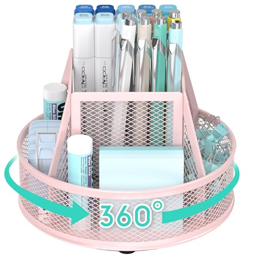 YINGHUA Metal Mesh Desk Organizer with 5 Compartments and Rotating Pencil Holder Pen and Stationery Organizer for Office Home School Anti Slip Base Pink - color: Pink