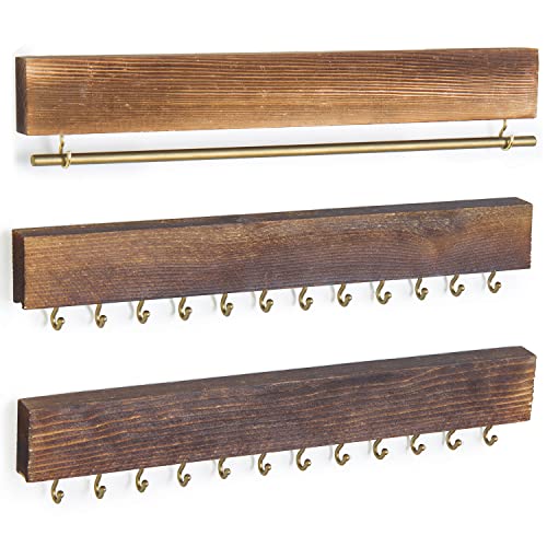 MyGift 3-Piece Wall Jewelry Organizer, Wall-Mounted Rustic Wood and Gold Tone Metal 24 Hook Necklace and Bracelet Storage Rack with Hanging Earring Bar - color: WOOD3-Piece