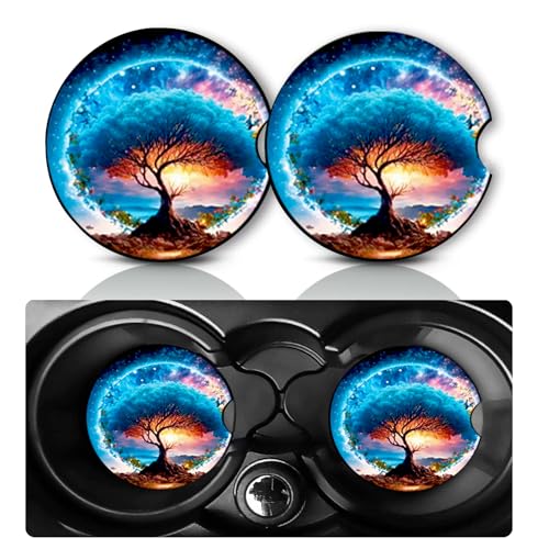 2 Pack Rainbow Tree of Life Car Cup Holder Coasters Neoprene Anti Slip Mat | Tree of Life Car Accessories Interior Decor 2.75" Universal Size Insert Auto Coasters Blue Gifts for Women Men - color: Blue Rainbow Tree