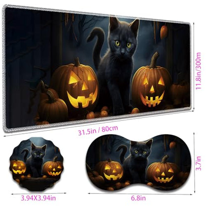 Large Gaming Mouse Pad + Mouse Wrist Rest Pad + Coaster Combination, 31.5 "x 11.8" Durable Non-Slip Extension Table Mat, Suitable for Office and Home, Halloween Black Cat - color: Halloween Black Cat