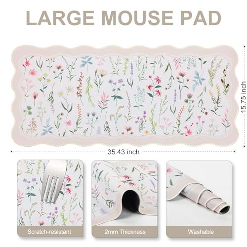 L-SPOUTTO Floral Mouse Pad,Botanical Desk Mat XXL Large Scalloped Gaming Mousepad,35.4x15.7in Non-Slip Keyboard Pad Waterproof Desktop Mat for Laptop Computer Work Game Home Office-Wild Flowers - color: Wild Flowers