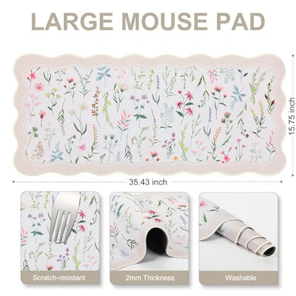 L-SPOUTTO Floral Mouse Pad,Botanical Desk Mat XXL Large Scalloped Gaming Mousepad,35.4x15.7in Non-Slip Keyboard Pad Waterproof Desktop Mat for Laptop Computer Work Game Home Office-Wild Flowers - color: Wild Flowers