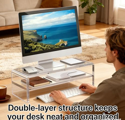Acrylic Monitor Stand, 2 Tier Riser with Storage Shelf, Clear, 16/20 Inch, Home Office Desk Organizer (16in) - size: 16in