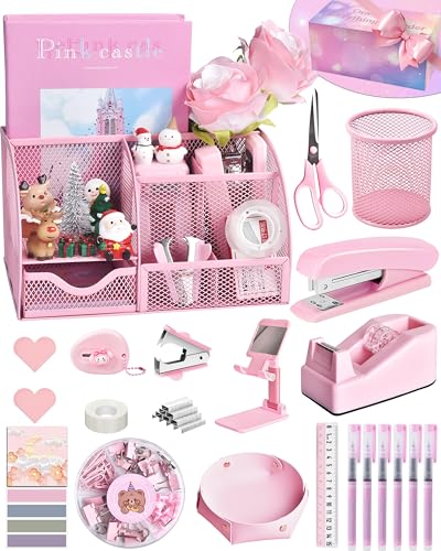 Pink Desk Accessories, 24Pcs Pink Office Supplies and Desk Organizers, with Tape Dispenser, Stapler, Staple Remover, Ect, Gift Box Packaging - color: Pink