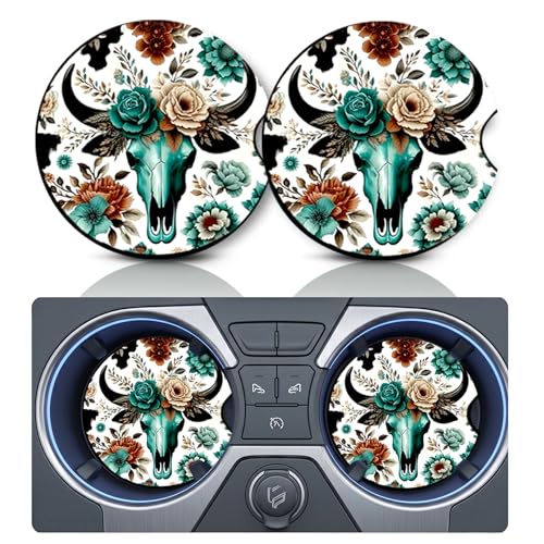 2PCS Western Bull Skull Flower Car Cup Holder Coasters, Cars Coasters for Cup Holders, 2.75" Universal Anti Slip Rubber Mat with Finger Slot,Boho Floral Car Accessories Interior Decor, Cow Skull Gift - color: Floral Bull Skull