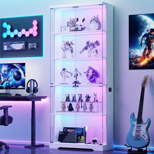 TAGELIER 69" Tall Display Cabinet with Glass Doors, RGB Lights | 5-Tier Shelves, Modern Locking Wooden Display Case for Collectibles, Figures, Books, Human Sensor, White - color: White