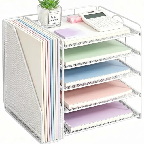 OPNICE Desk Organizer, 5-Tier Paper Organizer Letter Tray with Magazine Holder, Office Desk Accessories & Workspace Organizers, Desktop File Organizer for Office Supplies Storage, White - color: White, size: 15.5" x 9" x 10.3"
