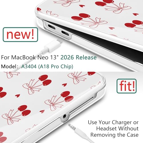 DONGKE Compatible with MacBook Neo 13 Inch Case 2026 A3404 A18 Pro chip & Touch ID, Plastic Hard Shell with Keyboard Cover, Screen Protector & Dust Plugs, Cherry & Heart - color: Cherry & Heart
