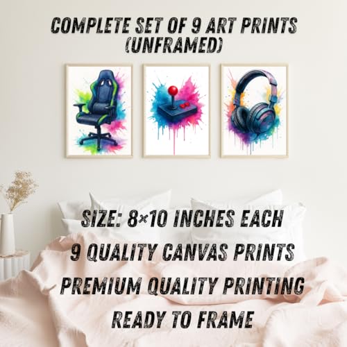 Video Game Room Decor Posters Set of 9, Watercolour Style Canvas Gamer Wall Art Prints, Cool Decorations for Boys Room, Kids Bedroom, or Study Room, Gaming Lover Gift, 8x10 Art Prints Unframed (Gaming Wall Art Set of 9, 8x10 Unframed) - style: Gaming Wall