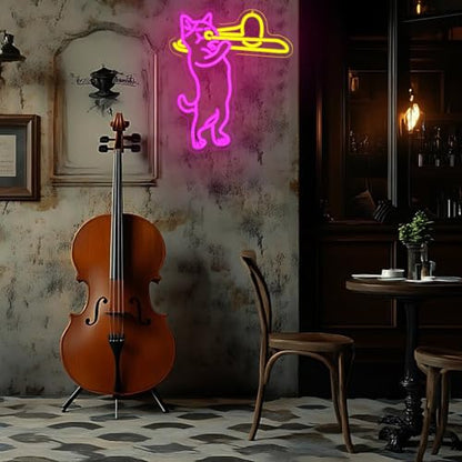 Cat Playing Trombone Neon Sign for Wall Decor Dimmable Cat Neon Lights Music LED Sign USB Powered Live Music Neon Signs for Pet Shop Music Room Bedroom Concert Dj Studio Bar - style: cat playing trombone