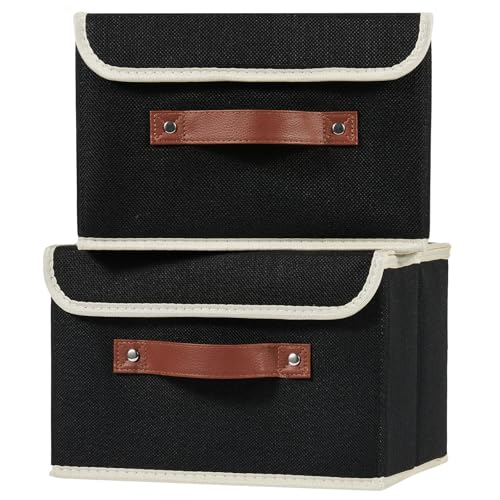 2PCS Storage Boxes with Lid Cotton Linen Fabric Storage Bins Organizer Container Decorative Collapsible Washable Shelf Closet Baskets Faux Leather Handles Home Bedroom (Black, Small Size) - color: Black, size: Small (Set of 2)