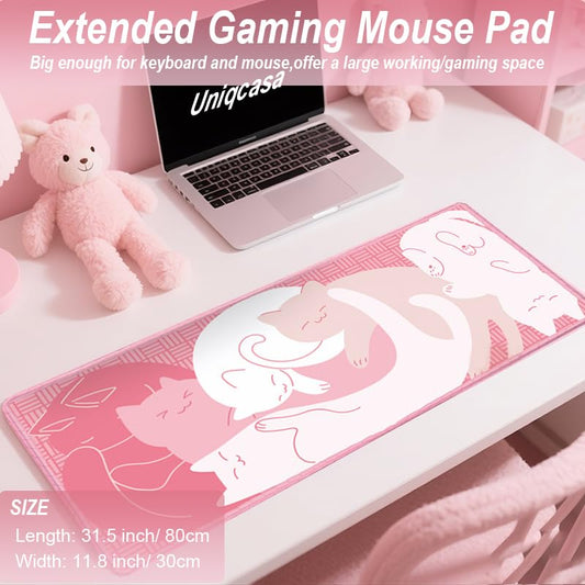 Gaming Mouse Pad XL Extended Anime Mouse Pad 31.5x11.8 inch, Large Cute Kawaii Big Computer Mouse Mat Desk Pad with Non-Slip Rubber Base and Stitched Edge for Home Office-Pink Cat - color: Pink Cat, size: 31.5L x 11.8W inches