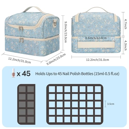 CUBETASTIC Nail Polish Organizer, Nail Supplies Storage Case Holds 45 Bottles Nail Polish & Nail Lamp, Travel Nail Tech Carrying Bag, Nail Kit Bag For Nail Stuff & Manicure Tools - color: Blue with White Flower, size: 45 Slots