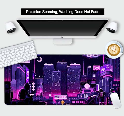 Purple Japanese Anime Large Gaming Mouse Pad for Desk, Retro Vaporwave Mousepad, Tokyo Street Pixel Art Desk Pads, Computer Mouse Pad XL Big, Skyline City Desk Mat, 35.4 x 15.7 in - color: Purple Neon Street