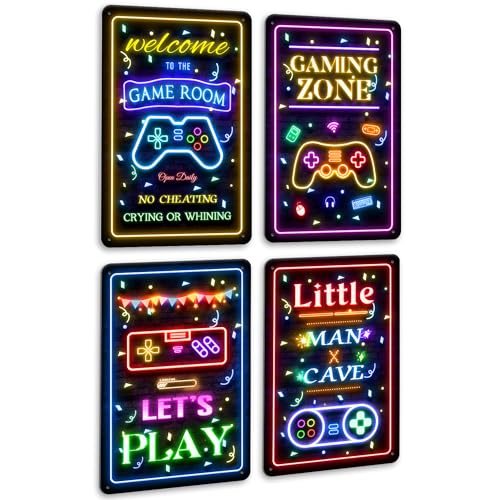 KUVIOKE Video Gamer Room Metal Sign Decor for Teen Boys Gaming Wall Art Gamer Neon Sign Little Man Cave Teenage Bedroom Decor Ready to Hang 12x8in - color: Welcome