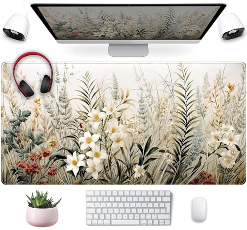 Beige Aesthetic Sage Desk Mat Cute Watercolor Flowers Mouse Pad Desk Pad, XXL Large Extended Gaming Anime Mousepad Big Keyboard Mouse Mat, Home Office Desktop Decor Deskpad for Women 31.5x15.75 in - color: Beige Watercolor Flowers