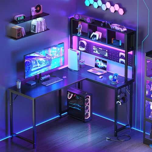 Small Black L Shaped Gaming Desk with Hutch , 47 Inch Corner Gaming Desk with Storage Shelves for Bedroom Small Space, Reversible L-Shaped Computer PC Desks with Pegboard LED Light for Kids Boys Girls
