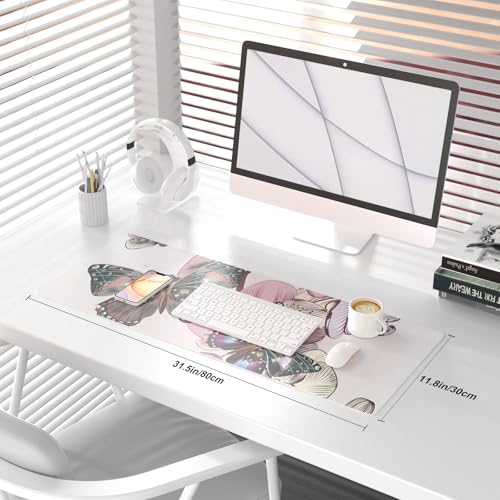 QiyI Large Mouse Pad, PU Leather Desk Blotter Protector, Waterproof Computer Desk Mat, Butterflies Keyboard Mouse Pads, Non Slip Base Home & Office Accessories, Extended Large Size 31.5" x 11.8" - color: Floral Butterflies, size: 31.5" x 11.8"