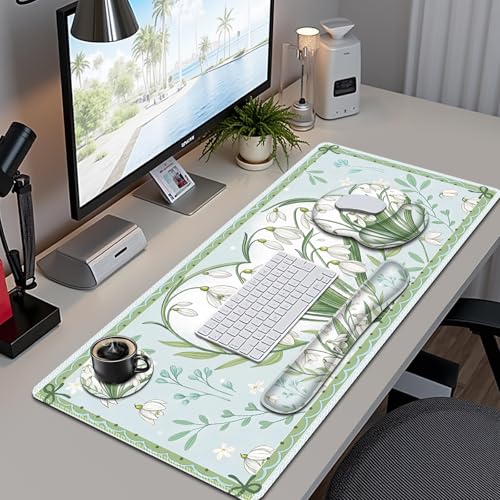 Floral Desk Mat, 4in1 Large Mouse Pad with Wrist Rest, Desk Matt for Desktop, Desk Pad Mat, Anti-Slip XXL Big Computer Ergonomic Mousepad with Wrist Support for Keyboard and Mouse I Green Flower Heart - color: Green Flower Heart
