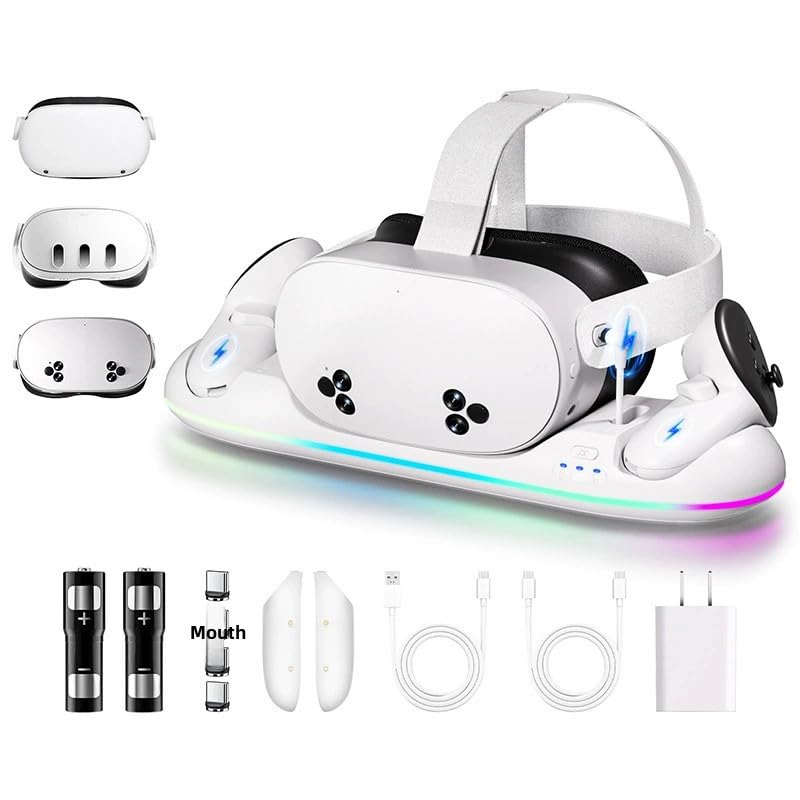 GearSpire Charging Dock Station for Quest 2/3/3S, White RGB LED Stand with USB-C Fast Charging, Controller Charger, VR Headset Accessories