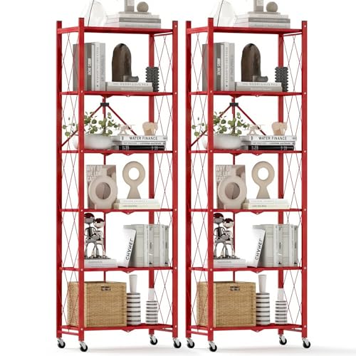 DEANIC 6-Shelf Folding Bookcase with Wheels, Heavy Duty Storage Shelves, Freestanding Metal Wire Shelving Unit for Living Room, Office, Kitchen, Basement, Pantry (Red 2 Pack) - color: Red-2 Pack, size: Compact 6 tier