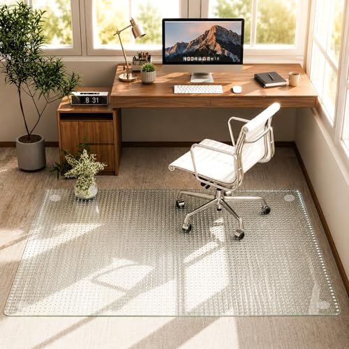 46" x 56" Tempered Glass -Glass Chair Mat, Heavy Duty Hard Floor Mat with Round Corner and Polished Edge, Office Embossed Chair Mat for Carpet Office Home Hardwood Floor Desk - color: Transparent, size: 56"L x 46"W