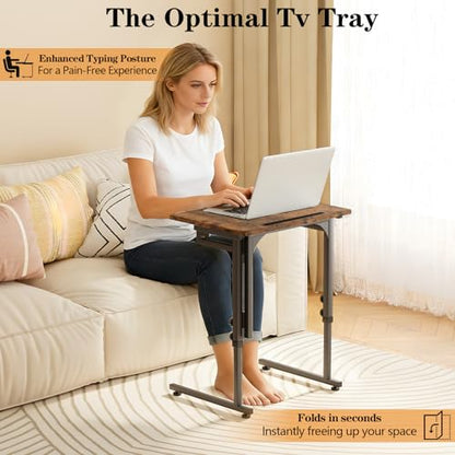 Folding TV Tray Dinner Table for Living Room,Adjustable Height Tv Tray,Portable Dinner Snack Trays Table,Small Foldable C-Shaped End Table for Eating with No Assembly Required (Brown) - color: Brown+black