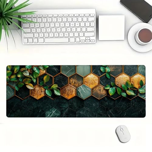 Gold Leaf Desk Mat Gaming Large Mouse Keyboard Pad Green Marble Honeycomb Desktop Mat for Keyboard and Mouse Extra Full Desk Computer Pads 31.5" x 11.8" - color: Gold Leaf, size: 31.5L x 11.8W inches