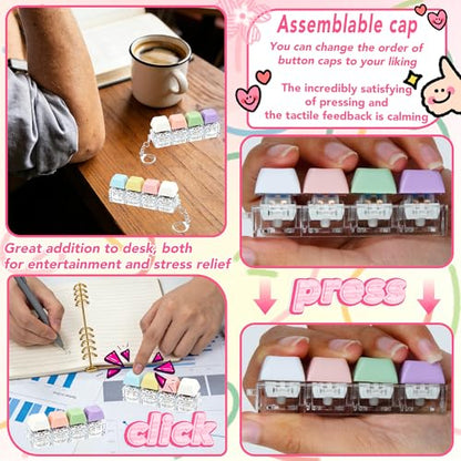 2 PCS 4-in-1 Keyboard Fidget Toy Keychain, Finger Clicky Button Toy Stress Relief Keychain with Swappable Keycaps, Mini Mechanical Key Fidget for Office Desk Focus Gifts (Purple Pink White) - color: Purple Pink White