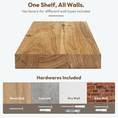 Flat Edge Elm Wood Floating Shelf with Invisible Bracket 24”Natural - color: Natural, size: 24”,set of 2