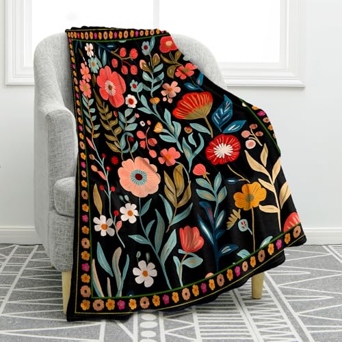 Jekeno Colorful Flowers Plant Blanket Floral Gifts for Women Kids Girls Mom Wife Sister Female Friends Birthday Christmas Halloween Easter Decor Home Bedroom Living Room Throw Blanket 50"x60" - color: Black Red Blue, size: 50"x60"