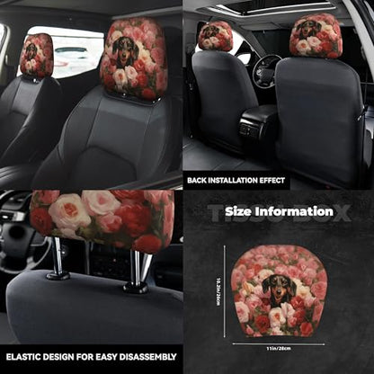 Car Seat Headrest Cover 2pc Lovely Rose Dog Pattern Car Headrest Protector Universal - color: Flower Dog Red