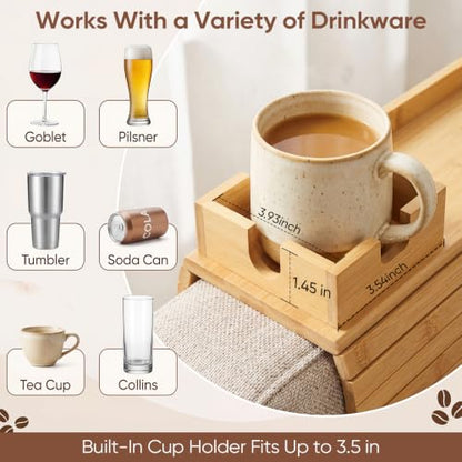 Bamboo Couch Arm Tray Table with Built-in Cup Holder, Foldable Anti-Slip Sofa Armrest Table for Drinks, Phone & Remote, Fits 4.7–16.9 in Armrests, Holds Cups up to 3.5 in Diameter (Bamboo) - color: Primary Colors