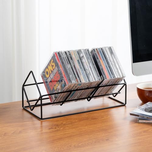 MyGift 3 Slot CD Holder Storage Stand, Video Game DVD Media Organizer Rack, Tabletop Compact Disc Shelf, CD Tower Holds 30 Jewel Cases, Modern Matte Black Metal Wire